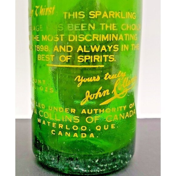 Vintage Perkins John Collins Soda Mixer Bottle Waterloo Ontario Green ACL Canada - Picture 10 of 11